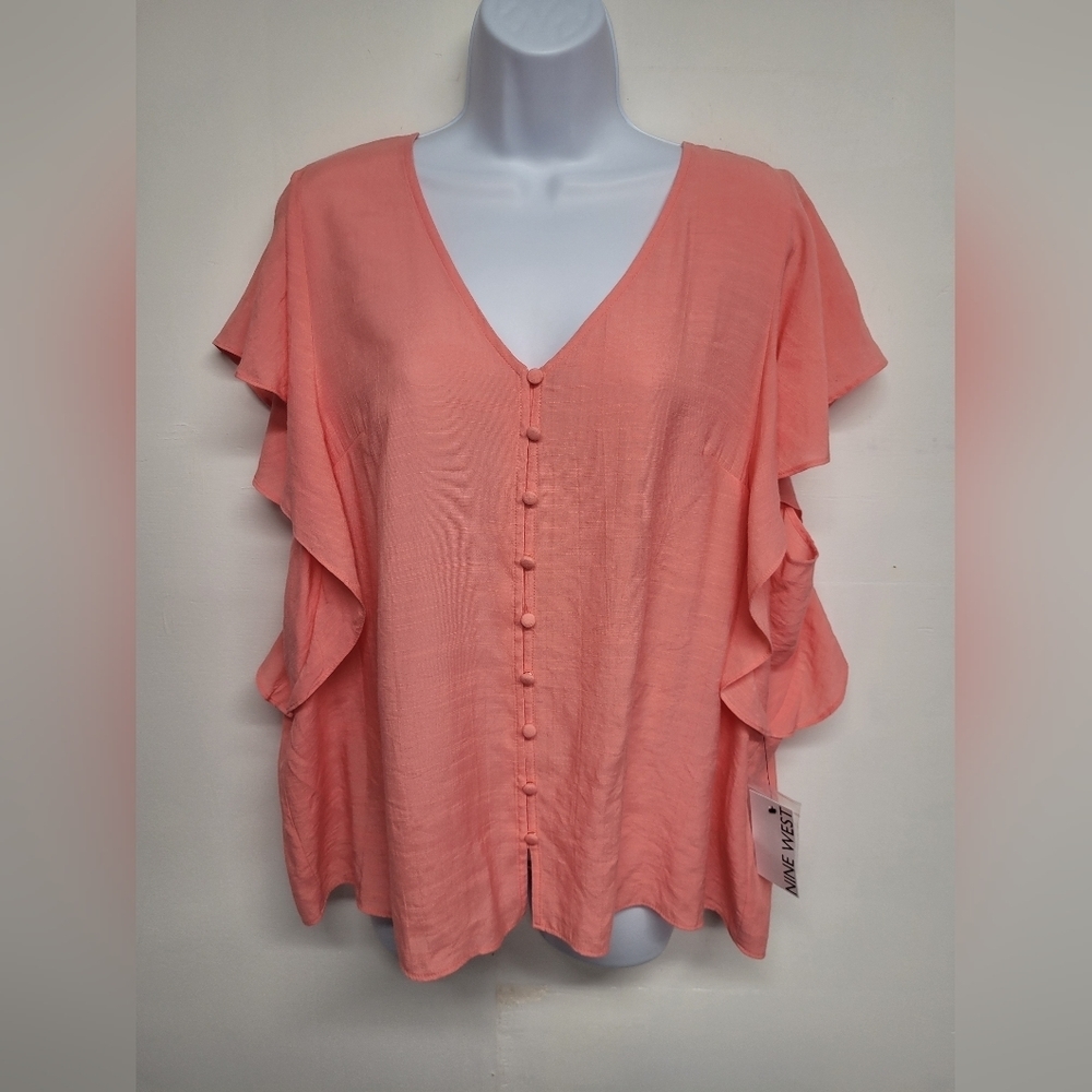 Nine West XXL Coral Button Down Shirt Top Ruffled Sleeve New